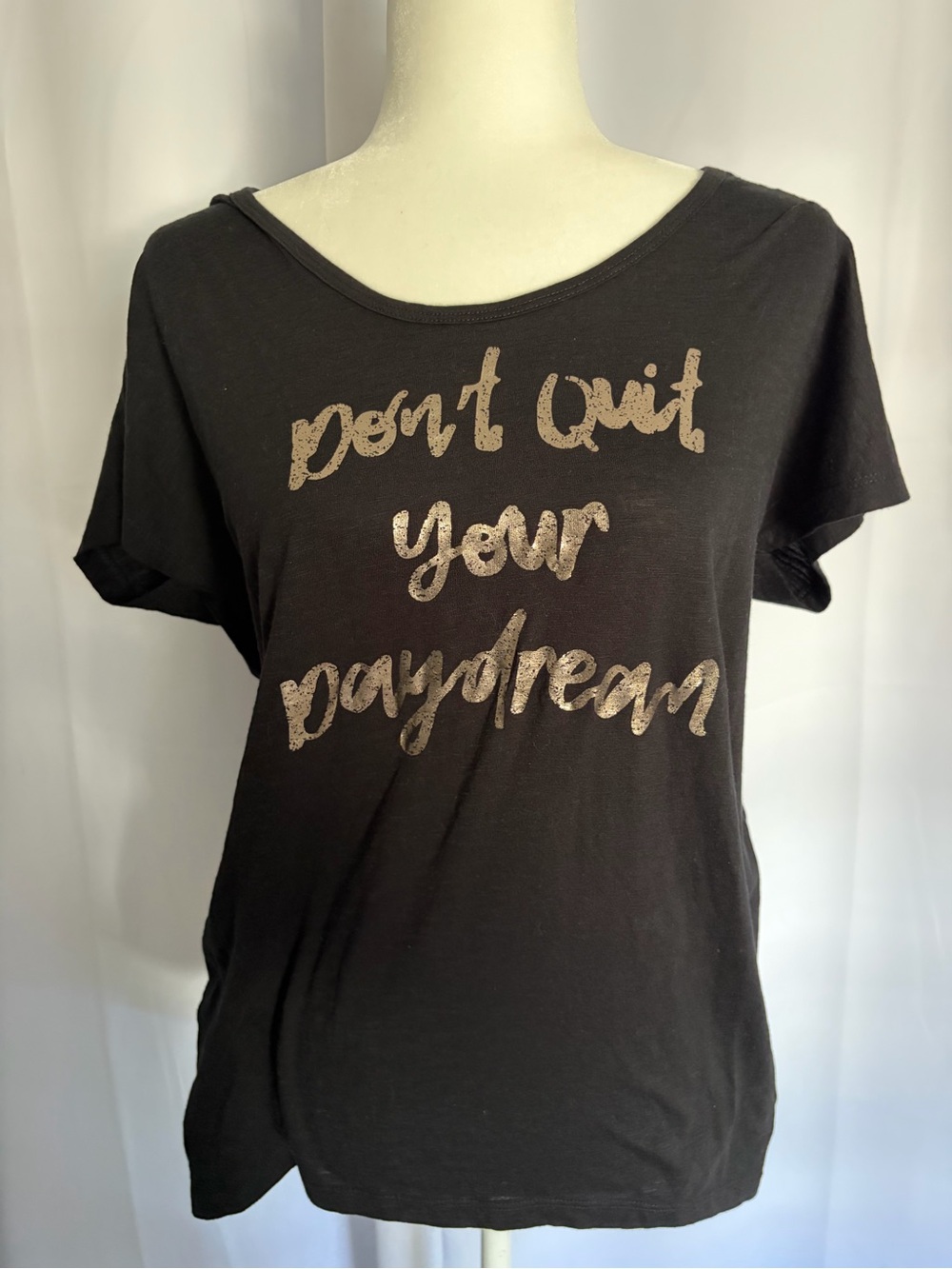 Black Short-Sleeve Graphic Tee with Metallic Script